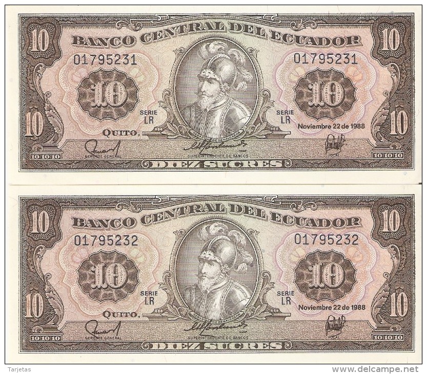 PAREJA CORRELATIVA DE ECUADOR DE 10 SUCRES DEL 22/11/1988 SIN CIRCULAR-UNCIRCULATED - Ecuador