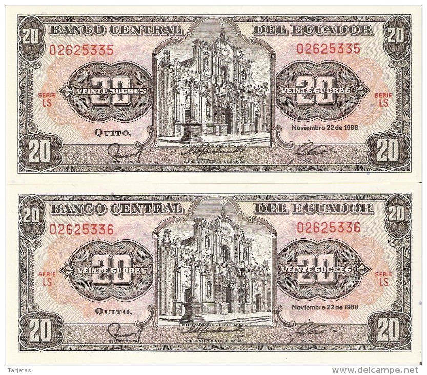 PAREJA CORRELATIVA DE ECUADOR DE 20 SUCRES DEL 22/11/1988 SIN CIRCULAR-UNCIRCULATED - Ecuador