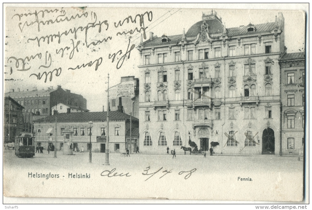 Helsinki Fennia Hotel With Tram Sent 1908 - Finlande