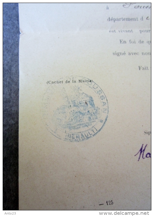 Militaria Certificat De Vie Pour Service Militaire De La Mairie De Poussan En 1918 Guerre 14 18 Documents Cachet - Dokumente