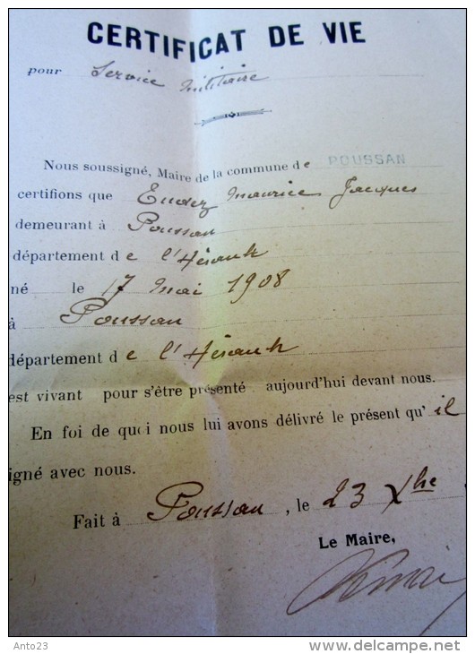 Militaria Certificat De Vie Pour Service Militaire De La Mairie De Poussan En 1918 Guerre 14 18 Documents Cachet - Dokumente