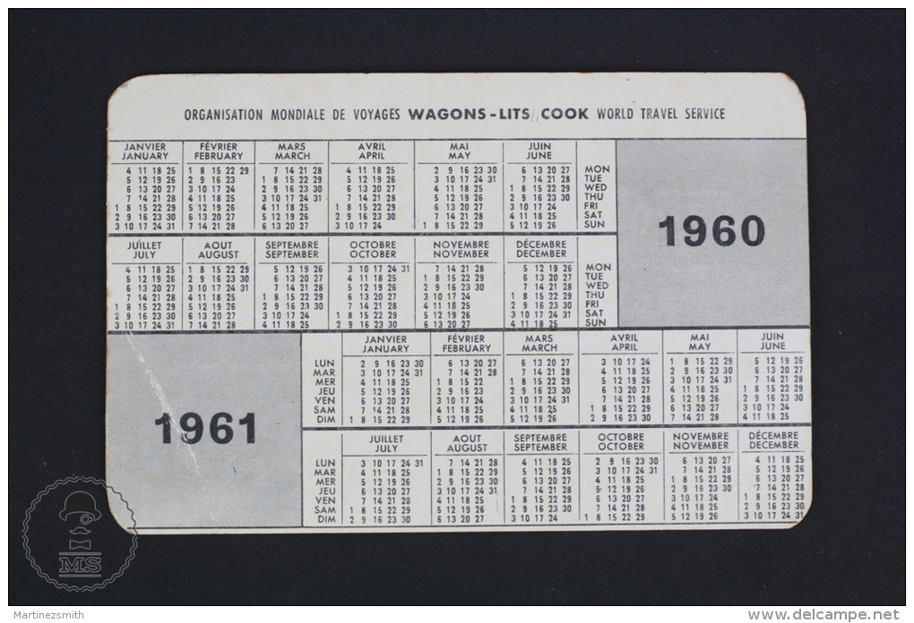 1960 - 1961 Small/ Pocket Calendar - Wagon - Lits Cook - Organisation - World Travel Service Advertising - Tamaño Pequeño : 1941-60