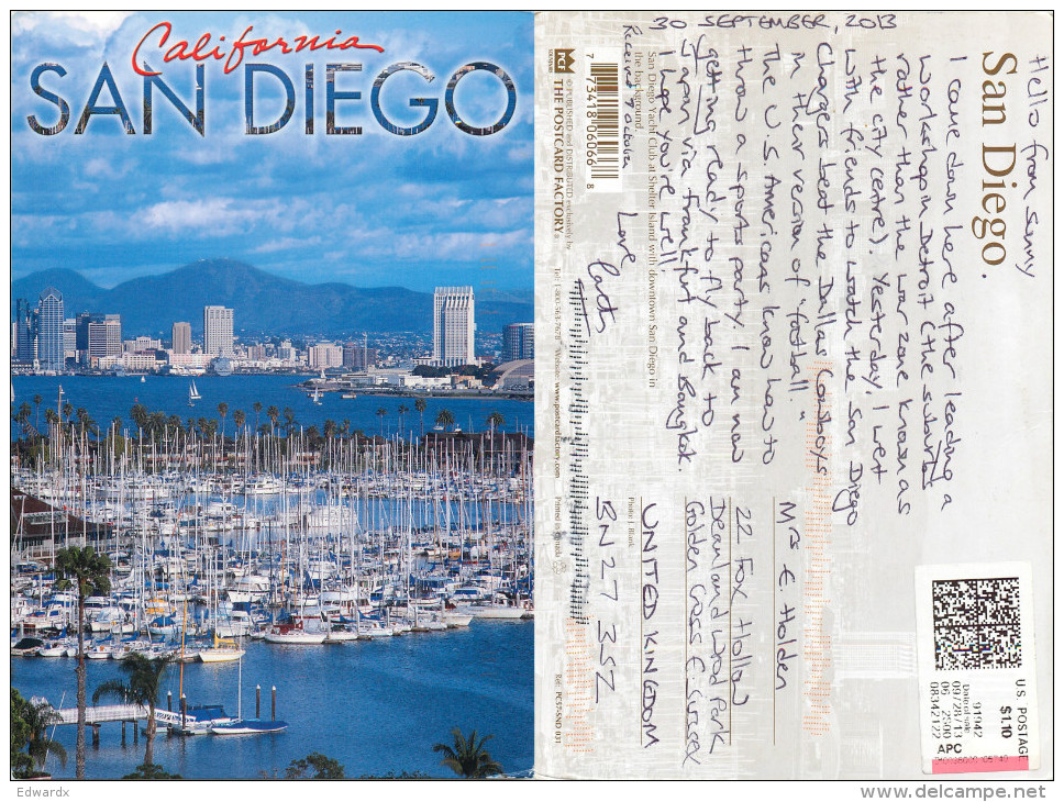 Yacht Club, San Diego, California, United States US Postcard Posted 2013 ATM Meter - San Diego