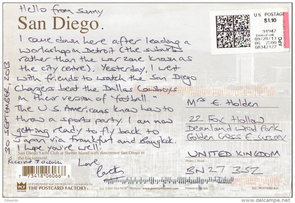 Yacht Club, San Diego, California, United States US Postcard Posted 2013 ATM Meter - San Diego