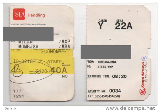 Alt771 Carta Imbarco Boarding Pass Flight Volo Airline Aereo Milano Malpensa Kenia Airways Mombasa - Europe