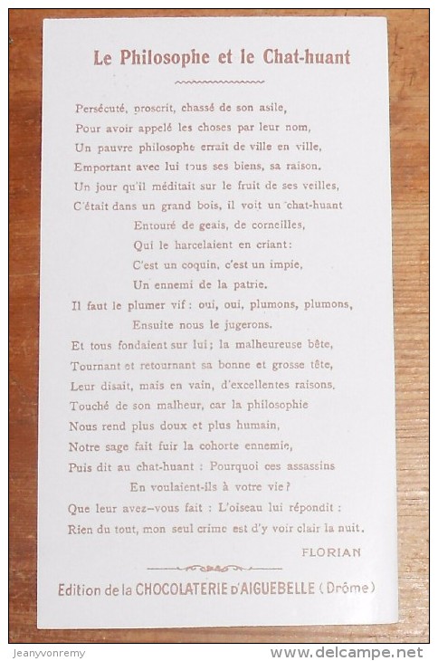 Chromo. Chocolat D´Aiguebelle. Fables De Florian. Le Philosophe Et Le Chat Huant. - Aiguebelle