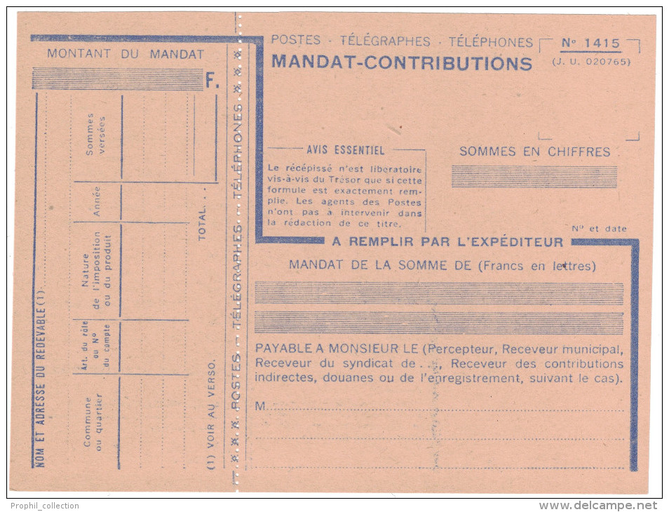 MANDAT-CONTRIBUTION Formulaire N°1415 Des PTT - NEUF EN PARFAIT ETAT - Documents De La Poste