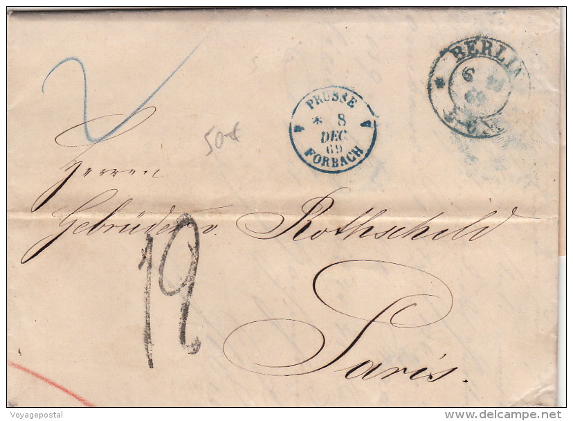 Lettre Berlin, Cachet Bleu Prusse Forbach Pour Paris Rothschild 1869 - Altri & Non Classificati
