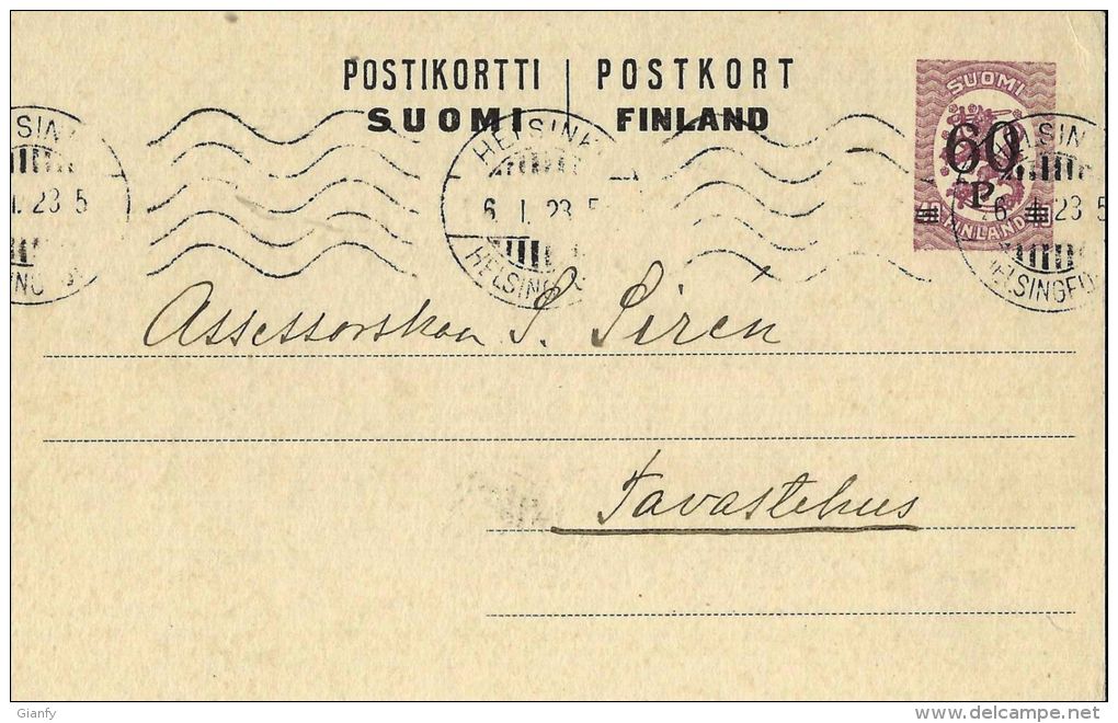 FINLANDIA FINLAND 40 P OVERPRINT 60 1923 HELSINKIS To TAVASTEHUS (Hameenlinna) - Interi Postali