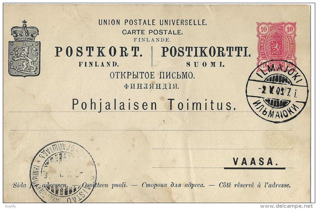 FINLANDIA FINLAND 10 P 1903 PRIVATE PRINT ILMAJOKI To VAASA - Enteros Postales