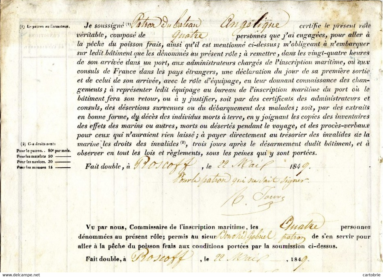 Dépt 29 - KERLOUAN - Port De ROSCOFF Armement à La Pêche Du Poisson Frais 22 Mai 1849, "ANGÉLIQUE" Patron Gabriel BOUCHÉ - Historical Documents