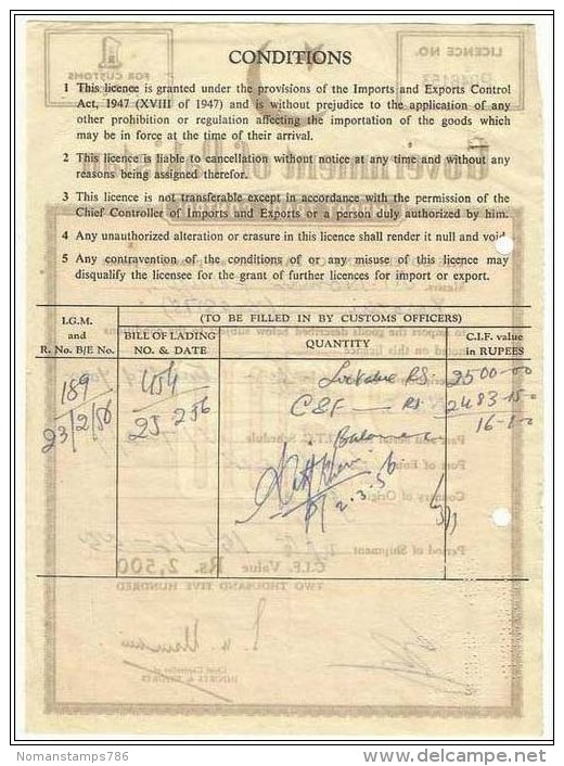 Pakistan 1955 Import Trade Control Licence 2500 Value Used - Lettres De Change