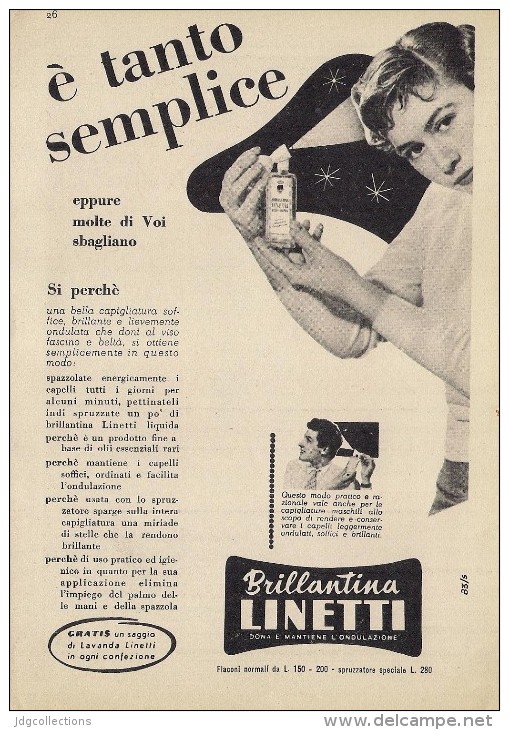 # BRILLANTINA LINETTI, ITALY 1950s Advert Pubblicità Publicitè Reklame Hair Fixer Fixateur Cheveux Fijador Haar - Sin Clasificación