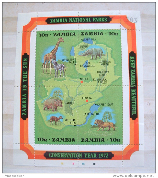 Zambia 1972 MNH Bloc - Map And Fauna - Scott 85 = 10 $ - Hippo Lion Giraffe Rhino - Zambia (1965-...)