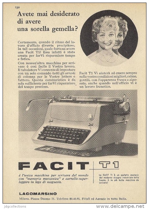 # FACIT LAGOMARSINO MACCH.SCRIVERE  1950s Advert Pubblicità Publicitè Reklame Typewriter Machine Ecrire Schreibmaschine - Altri & Non Classificati