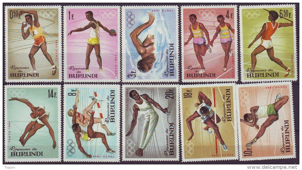 BURUNDI   - OLYMPIC TOKIO SET  - SWIMING - ATHLETICS - JUMPING - 1964 - **MNH - Springreiten