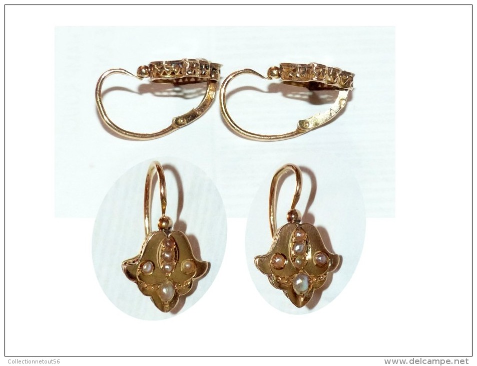 REMIS EN VENTE SUITE IMPAYé ! JOLIE PAIRE DORMEUSES OR 18K LOUIS PHILIPPE 19e ROYALISTE LYS PERLES - Boucles D'oreilles