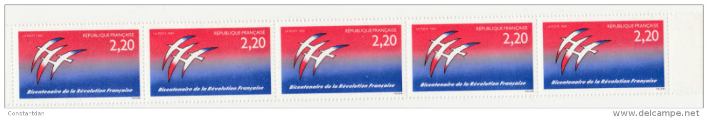 FRANCE N° 2560 2.20 BLEU ET ROUGE BICENTENAIRE DE LA REVOLUTION SANS SIGNATURE FOLON SUR LE 2EME TIMBRE BANDE DE 5** - Unused Stamps