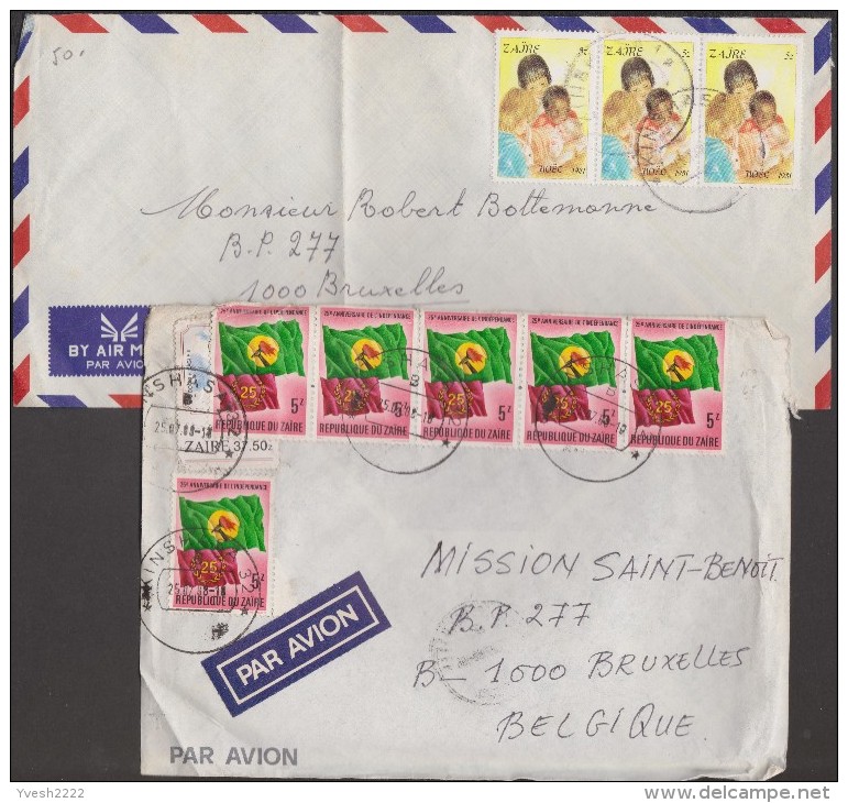 Zaïre 1983 & 19 COB 1122 X 3 (Noël, Joie Des Enfants), 1128 X 2 (au Verso), 1251 Ballon, 1286 X 6 Drapeau, Sur 2 Lettres - Used Stamps