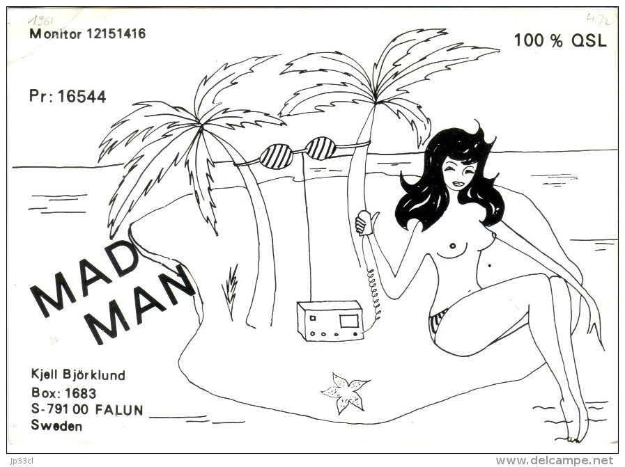 Nude Girl On An Island On Very Old QSL Card From Kjell Björlund, Falun, Sweden (MAD MAN - PR 16544) - Year 1972 - CB-Funk