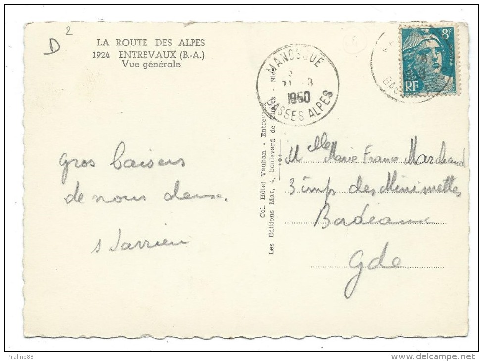 ENTREVAUX, VUE GENERALE - Alpes De Haute Provence 04 - Circulé 1950 - Autres & Non Classés