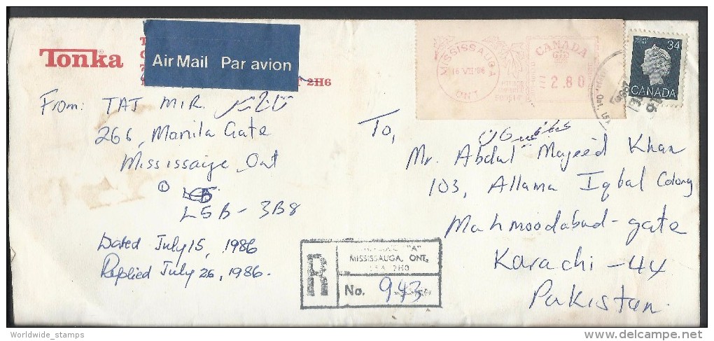 Canada Registered Airmail 1986 Request For Redirection Of Mail Letter Carriers Postal History Cover Sent To Pakistan - Entrega Especial/Entrega Inmediata
