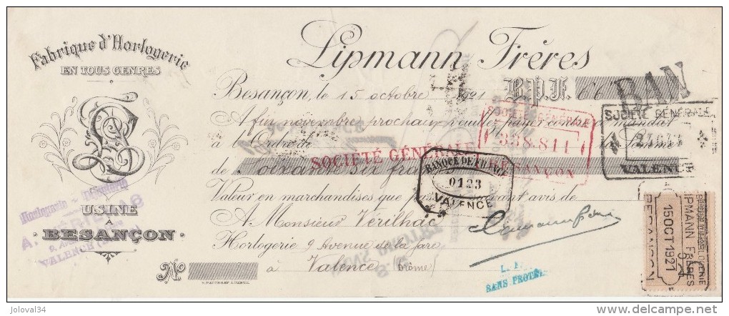 Lettre Change 15/10/1921 LIPMANN Horlogerie BESANCON Doubs Pour Valence Drôme - Lettres De Change