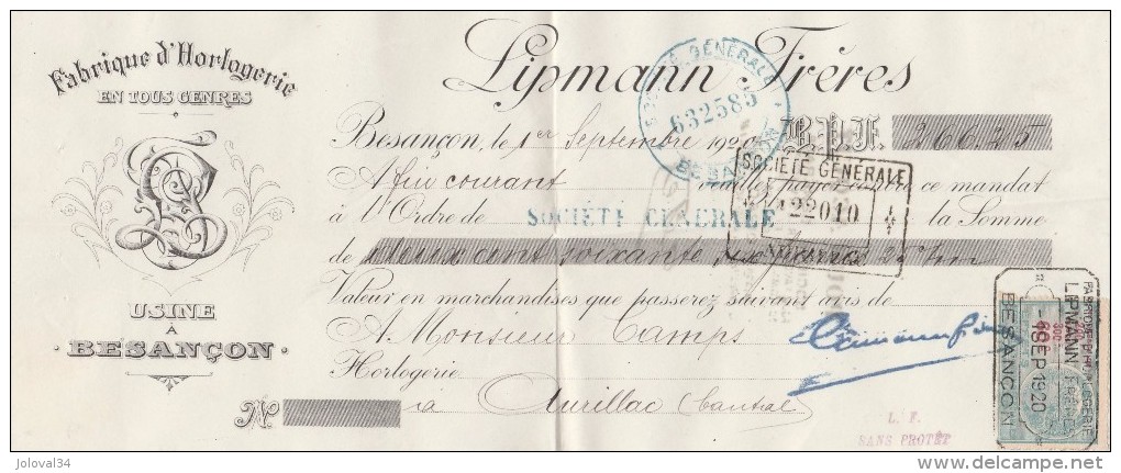 Lettre Change 1/9/1920  LIPMANN Horlogerie BESANCON Doubs Pour Aurillac Cantal - Cambiali