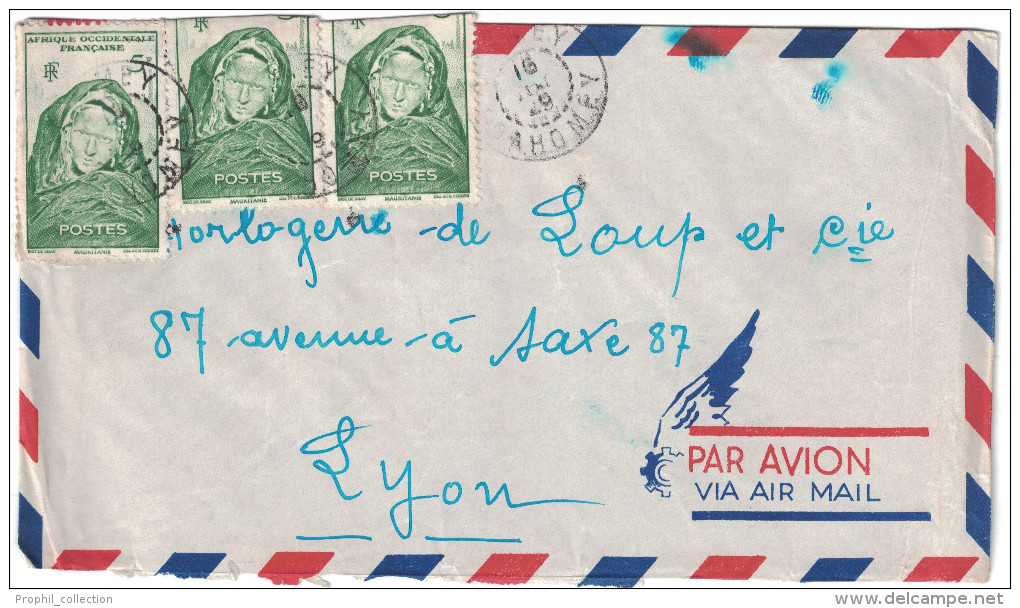 Dahomey - Lettre Avion 1949 Cad Manuel Sur Timbre Mauritannienne 5F X 3 Pour Lyon France - Brieven En Documenten