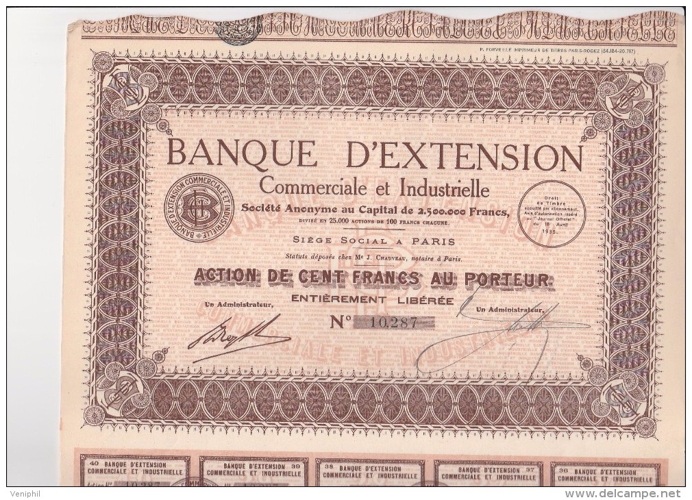 LOT DE 5 ACTIONS DE 100 FRS -BANQUE D'EXTENSION COMMERCIALE ET INDUSTRIELLE -1935 - Banque & Assurance