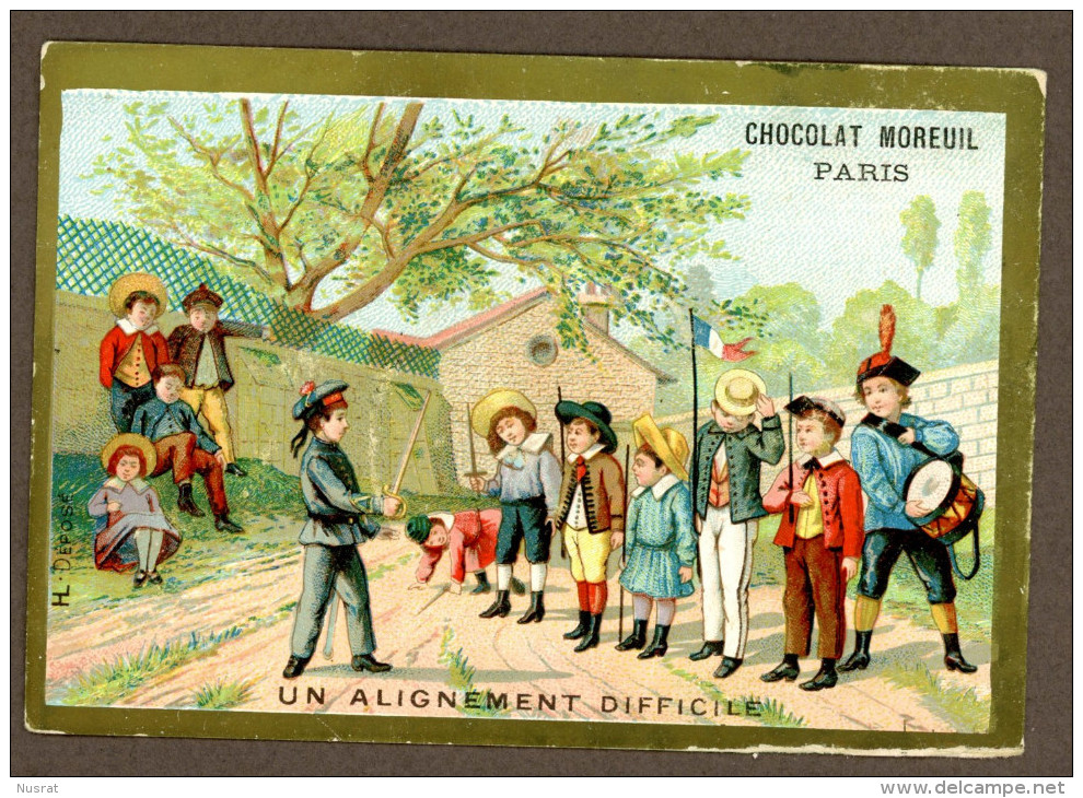 Chocolat Moreuil, Jolie Chromo Lith. Laas, Jeux, Course, Enfants, Un Alignement Difficile - Other & Unclassified