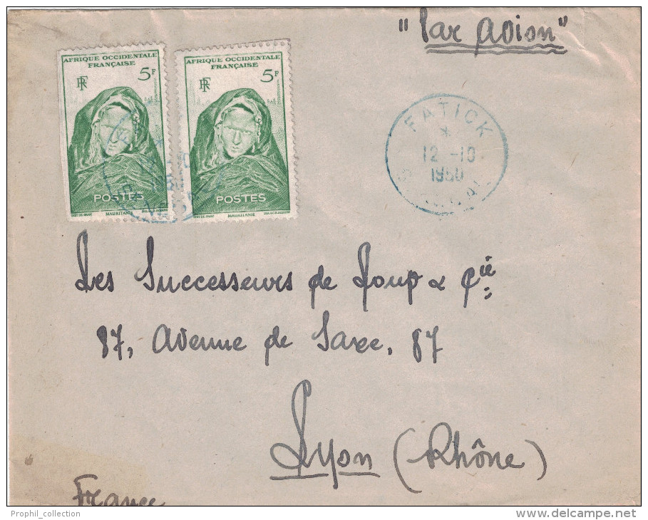 Sénégal - Lettre Avion 1950 CAD BLEU Manuel FATICK Sur Timbre Mauritannienne 5F X 2 Pour Lyon France - Cartas & Documentos