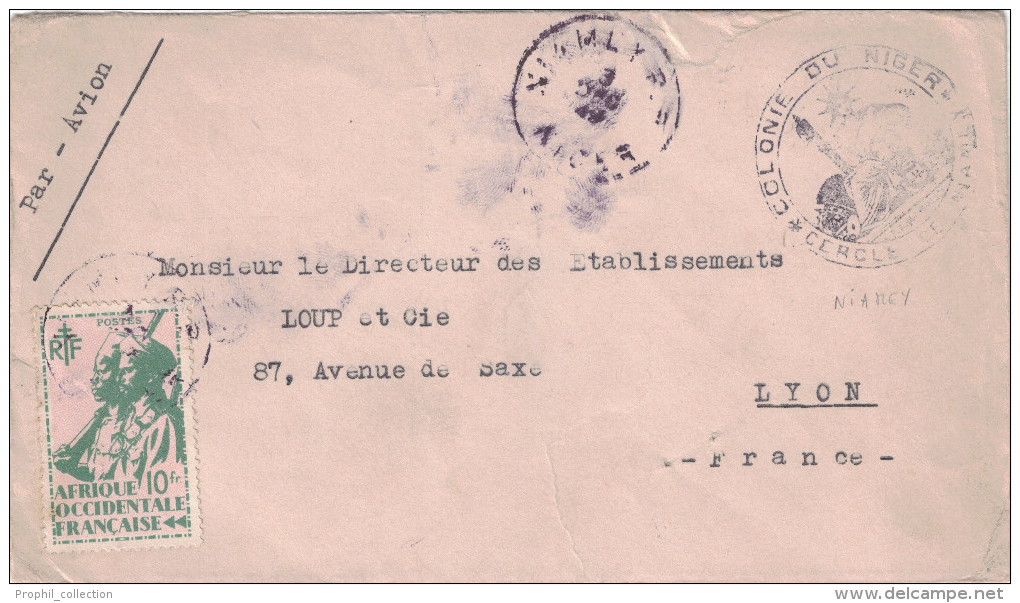 Lettre Avion 1949 CACHET COLONIE Du NIGER CERCLE DE NIAMEY Militaire Timbre Serie De Londres 10F AOF Pour Lyon France - Covers & Documents