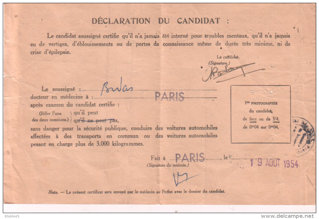 DEMANDE DE DELIVRANCE DU PERMIS DE CONDUIRE - CERTIFICAT MEDICAL - Voitures Automobiles Affectées Au Transport En Commun - Autres & Non Classés