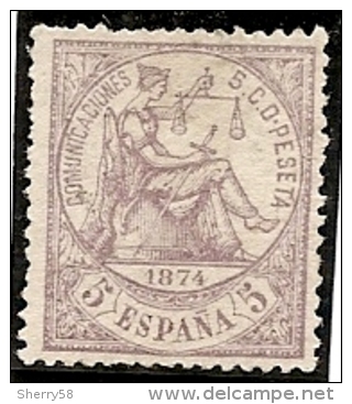 1874-ED. 144 -  I REPÚBLICA- ALEGORÍA DE LA JUSTICIA 5 CTS. VIOLETA-NUEVO - MH- - Unused Stamps