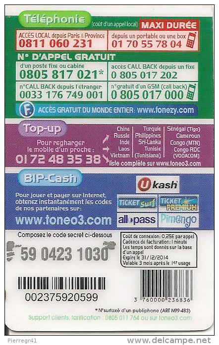 CARTE PREPAYEE-7.5€-CENTRAL TELECOM-TONEO-V°CAdre Prix Gris-31/12/2014-T BE - Autres & Non Classés