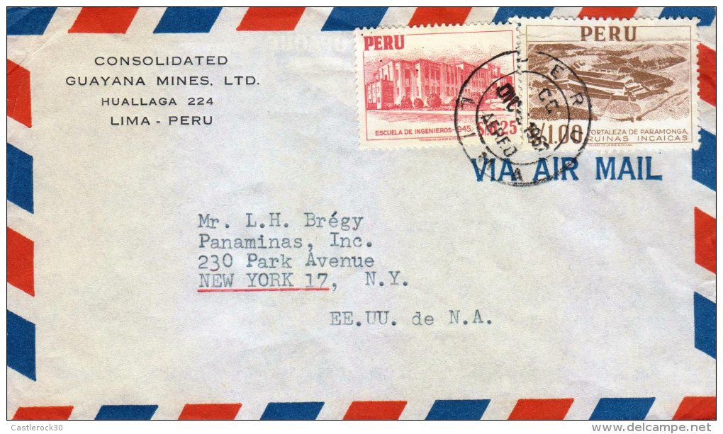 G)1957 PERU, ENGINEERING SCHOOL-PARAMONGA, INCA RUINS, AIRMAIL, CIRCULATED COVER TO N.Y., USA - Peru