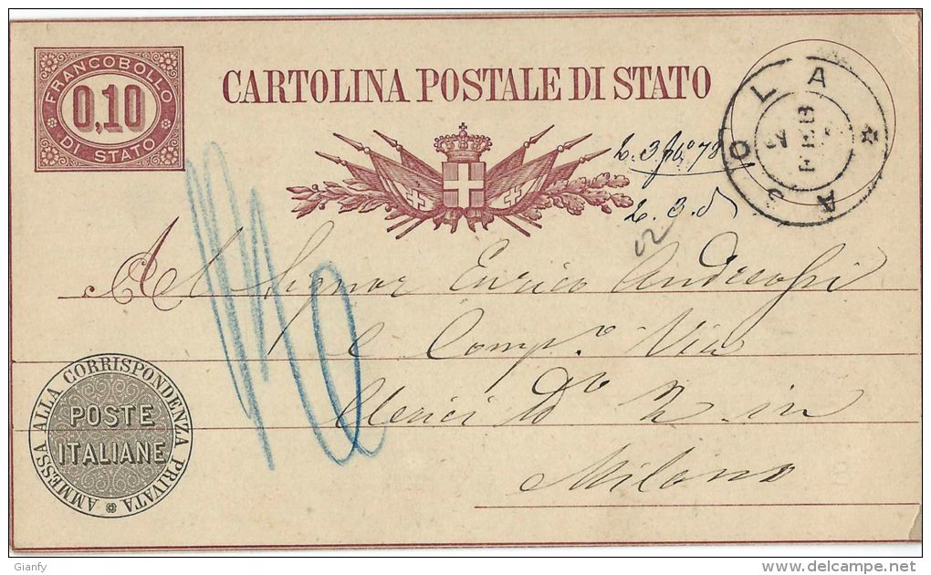 INTERO REGNO SERVIZIO DI STATO 10 C 1878 ASOLA X MILANO - Stamped Stationery