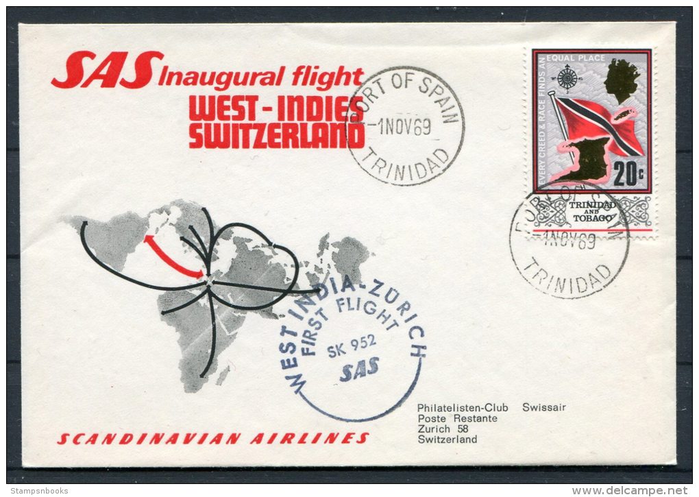 1969 Port Of Spain Trinidad SAS First Flight - Zurich Switzerland - Trinidad & Tobago (1962-...)