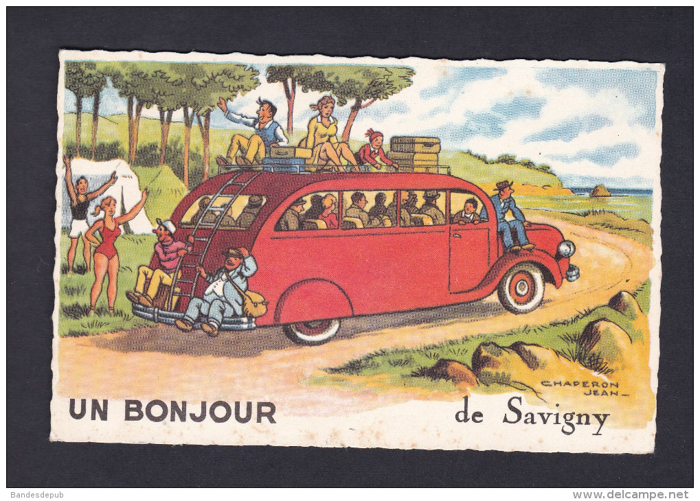 Un Bonjour De Savigny (88) ( Illustration Jean Chaperon Autocar Camping Vacances Ed. Picard) - Autres & Non Classés