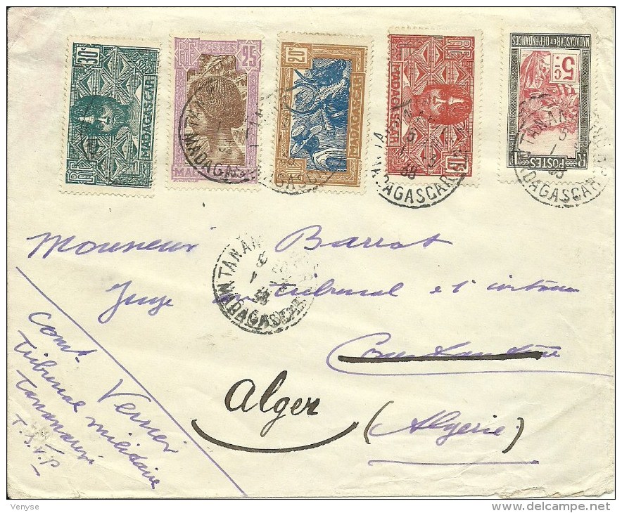 MARCOPHILIE- Lettre 1938 - Madagascar Pour Algérie - Timbres N°131 + 166, 167, 168 Et 169 - Briefe U. Dokumente