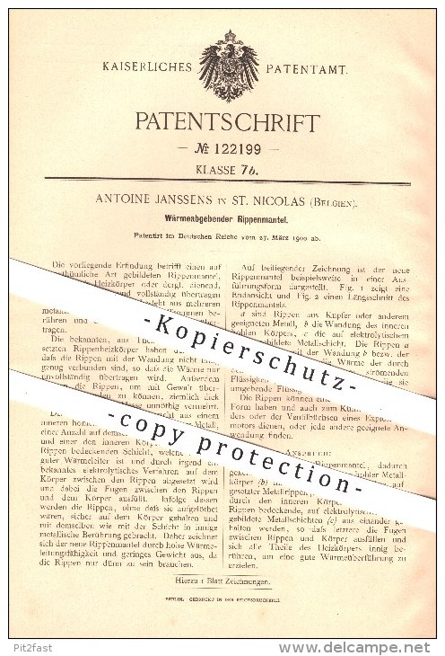 Original Patent - Antoine Janssens In Saint-Nicolas , Belgien , 1900 , Wärmeabgebender Rippenmantel , Heizung - Saint-Nicolas