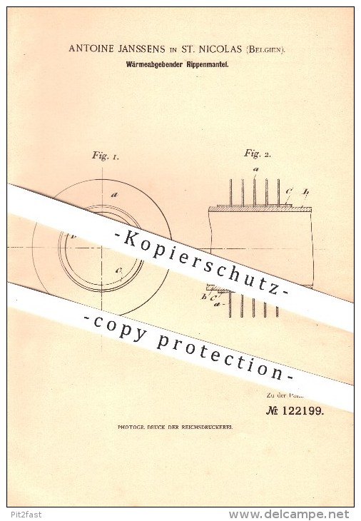Original Patent - Antoine Janssens In Saint-Nicolas , Belgien , 1900 , Wärmeabgebender Rippenmantel , Heizung - Saint-Nicolas