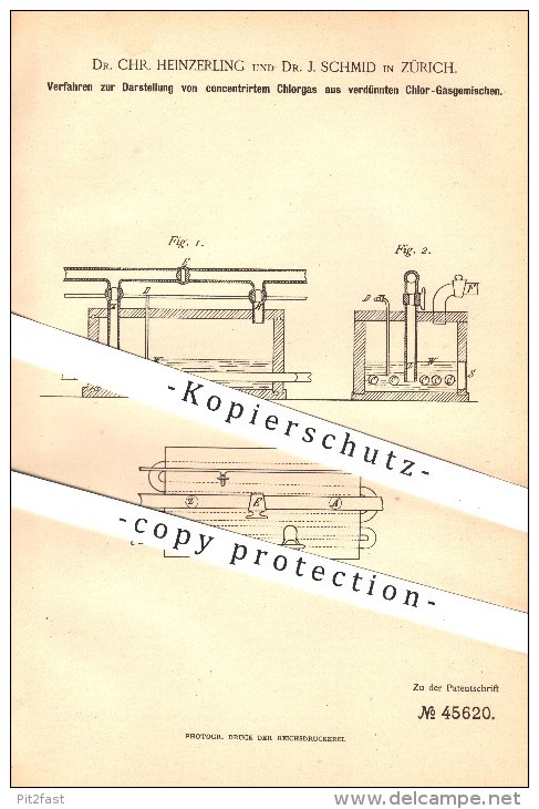 Original Patent - Dr. Chr. Heinzerling U. Dr. J. Schmid , Zürich , 1887 , Chlorglas Aus Verdünnten Chlor - Gasgemischen - Documents Historiques