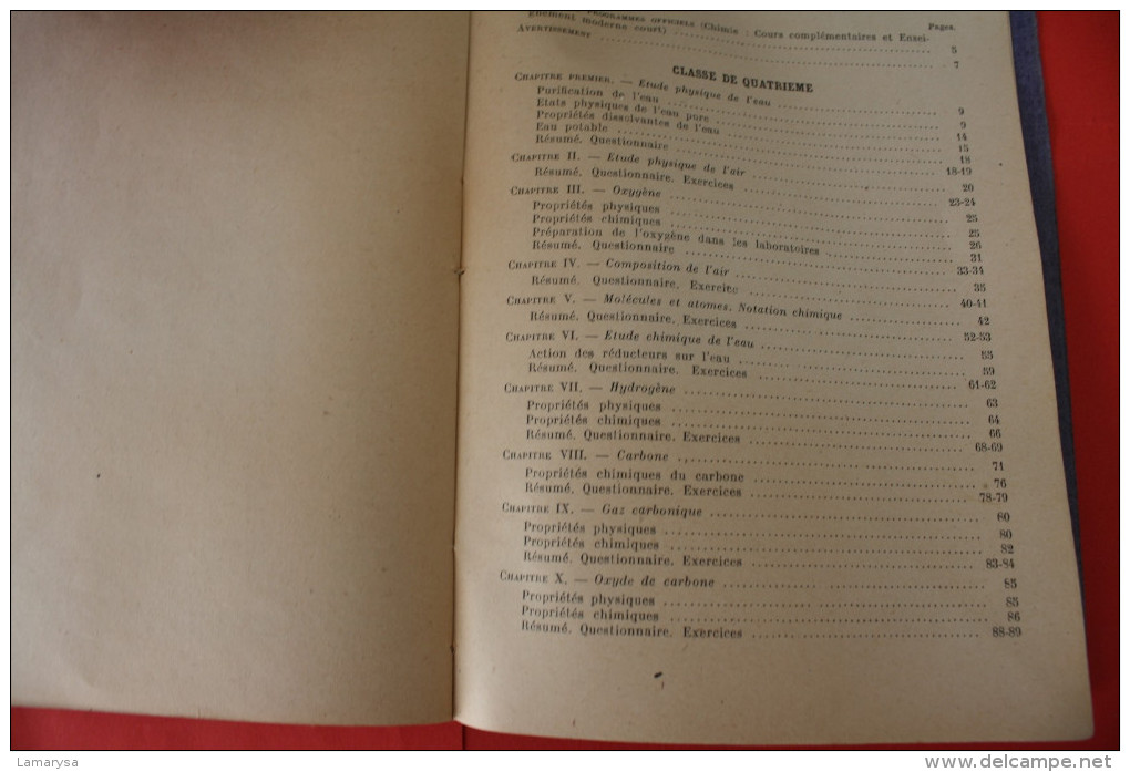 PROGRAMME ->1947 CHIMIE Cours Complementaires Classe de 4é & 3é->G.EVE Agrégè DE SCIENCES PHYSIQUES ENSEIGNEMENT MODERNE