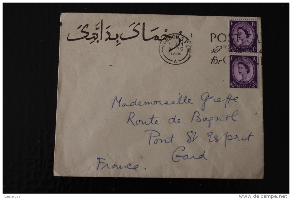 MARCOPHILIE LETTRE De Londres LETTER -> LONDON->POUR PONT-SAINT-ESPRIT GRIFFE LINEAIRE ECRITURE ARABE A IDENTIFIER 1958 - Covers & Documents