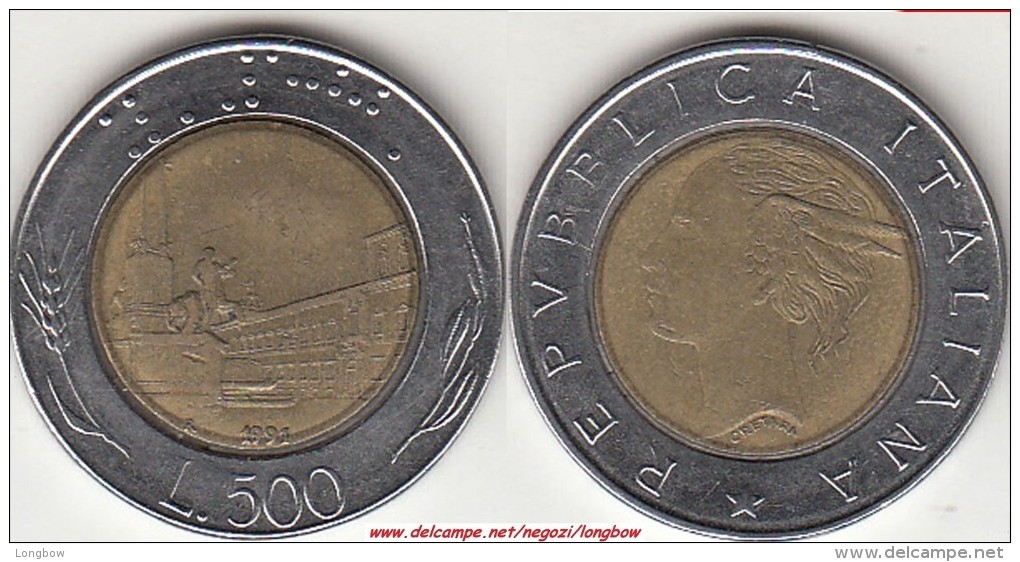 Italia 500 Lire 1991 Bimetallic KM#111 - Used - 500 Liras
