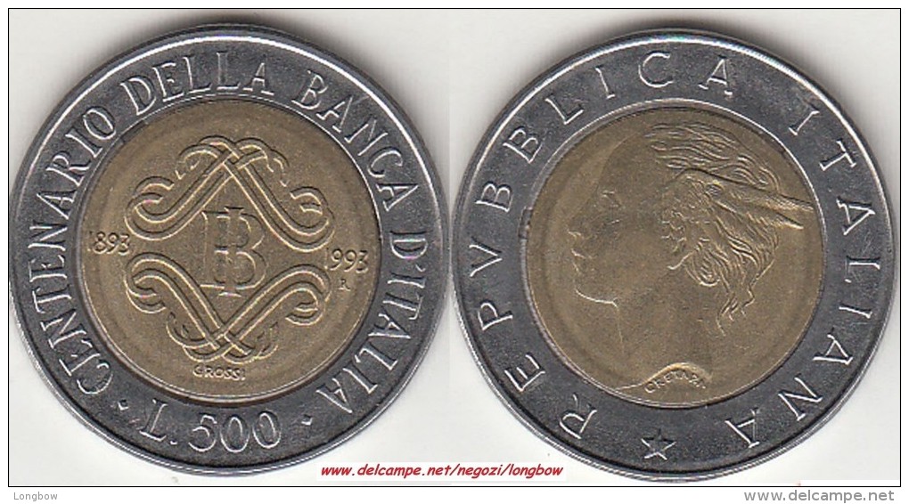 Italia 500 Lire 1993 Bimetallic Bank Of Italy KM#160 - Used - 500 Lire