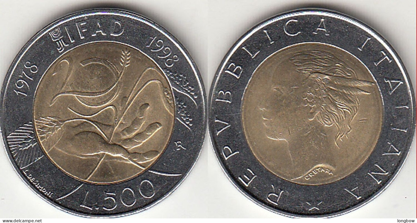 Italia 500 Lire 1998 Bimetallic 20 Years IFAD KM#193 - Used - 500 Liras