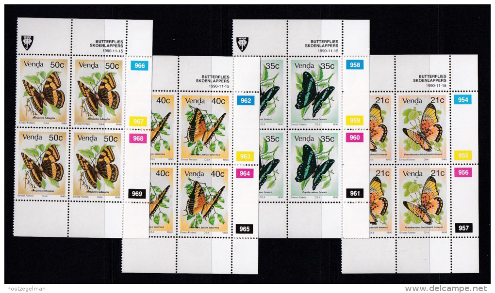 VENDA, 1990, MNH Controls Blocks Of 4, Butterflies, M 213-216 - Venda